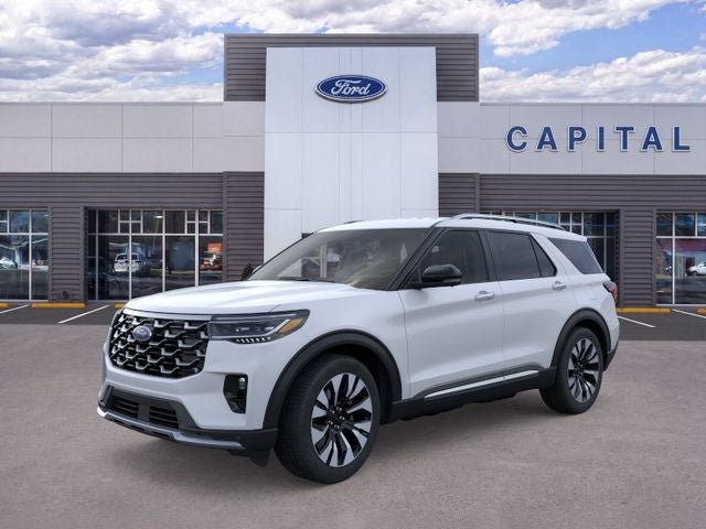 2026 Ford Explorer Platinum in White Metallic — front three-quarter view