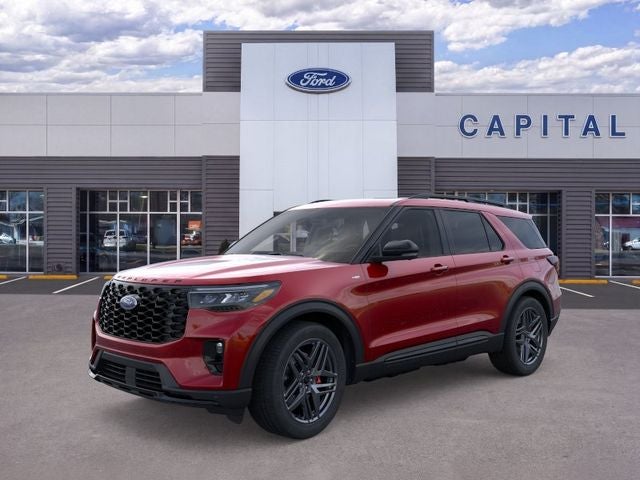 2026 Ford Explorer ST-Line in Red Metallic — front three-quarter view